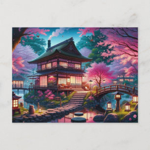 Postal Noche de primavera tranquila en un jardín japonés