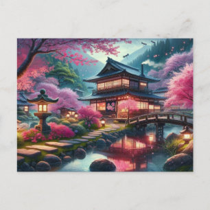 Postal Noche de primavera tranquila en un jardín japonés