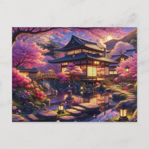 Postal Noche de primavera tranquila en un jardín japonés