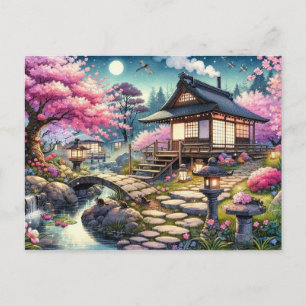 Postal Noche de primavera tranquila en un jardín japonés