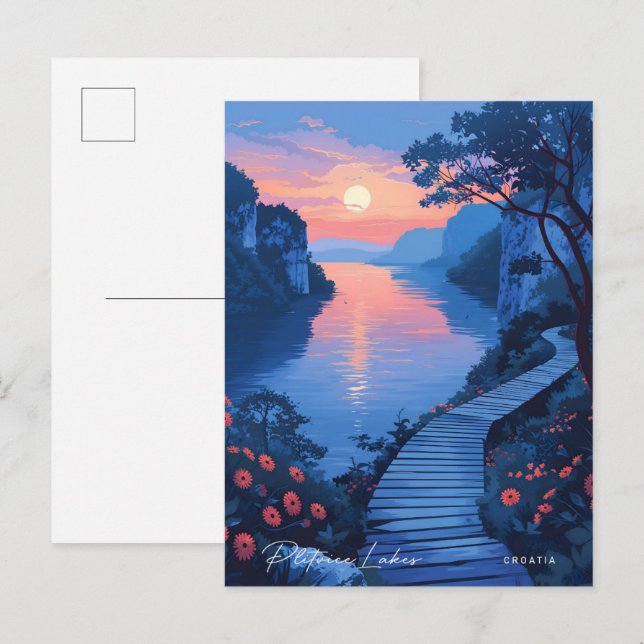 Postal Noche en Plitvice Lakes Croacia Viaje de cosecha (Anverso / Reverso)