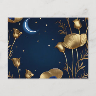 Postal Noche estrellada con luna creciente de oro