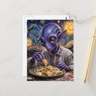 Postal Noche estrellada de alienígena púrpura comiendo pi