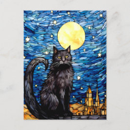 Postal Noche estrellada de gato negro de vidrio manchado