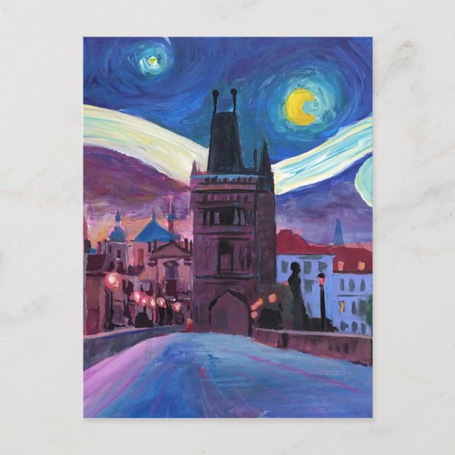 Postal Noche estrellada en Praga con Carlsbridge (Anverso)