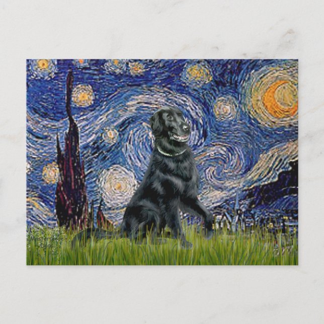 Postal Noche estrellada - Flat Coated Retriever 2 (Anverso)
