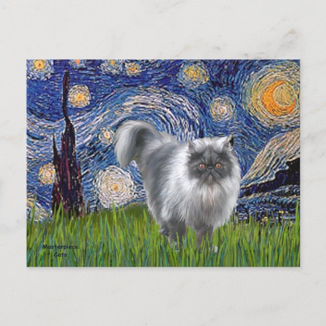 Postal Noche estrellada - Gato persa de humo azul (Anverso)