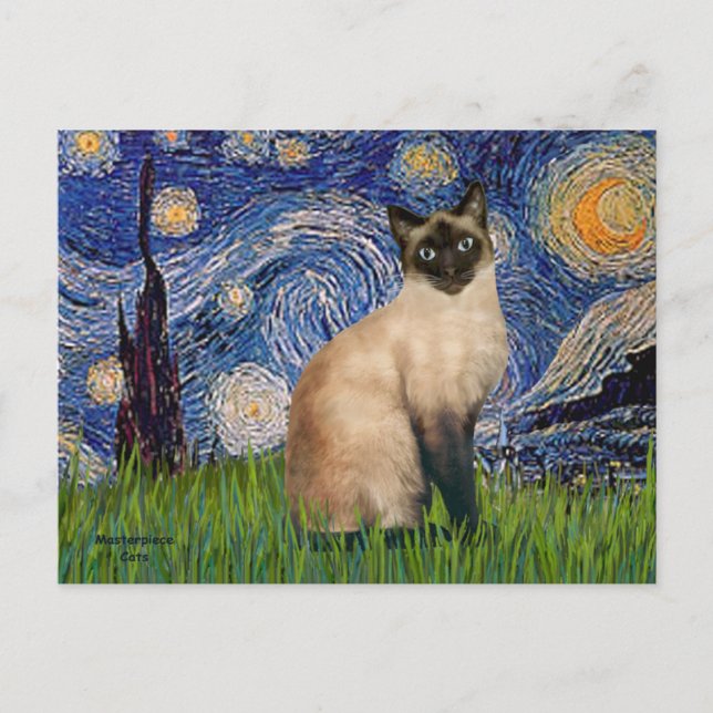 Postal Noche estrellada - gato siamés de punta de foca (Anverso)