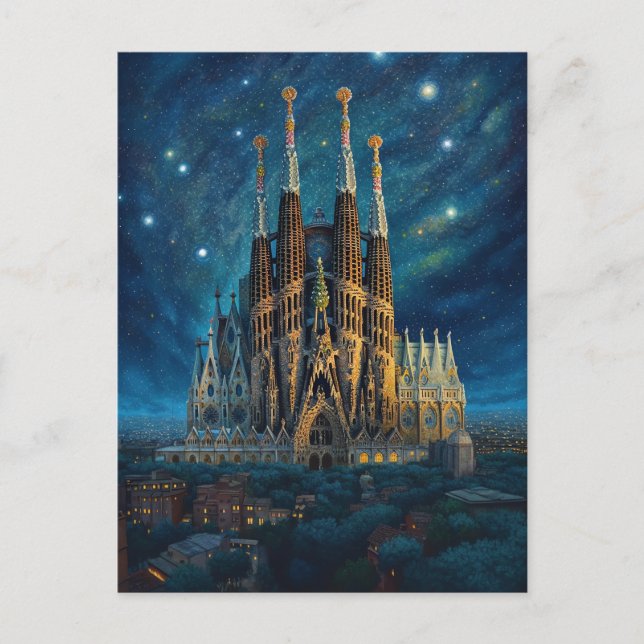 Postal Noche estrellada sobre la Sagrada Familia Barcelon (Anverso)