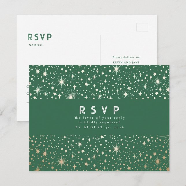 Postal Noche estrellada Verde y Boda de Oro RSVP (Anverso / Reverso)