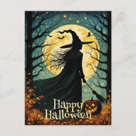 Postal Noche Forest Halloween Witch Full Moon
