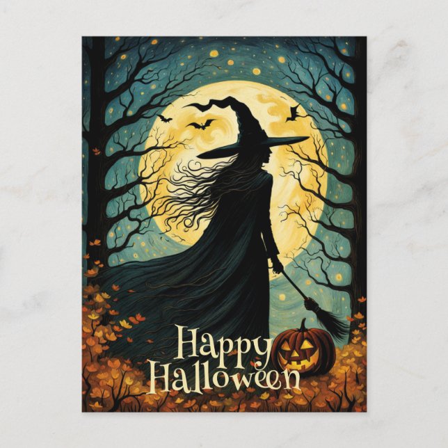 Postal Noche Forest Halloween Witch Full Moon (Anverso)