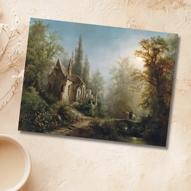 Postal Noche iluminada por la luna sobre una capilla y pi (Subido por el creador)