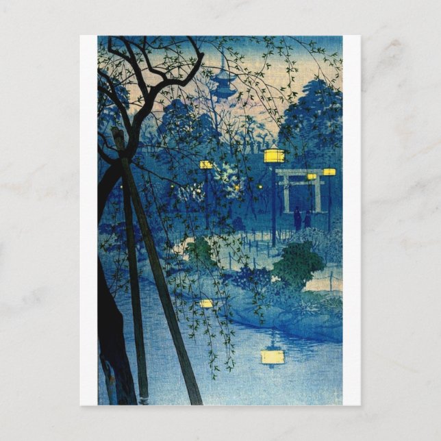 Postal Noche japonesa vintage en azul (Anverso)