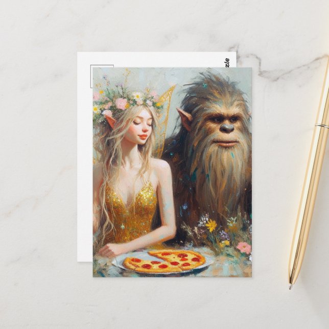 Postal Noche pizza con Sasquatch y el Hada (Anverso/Reverso In Situ)
