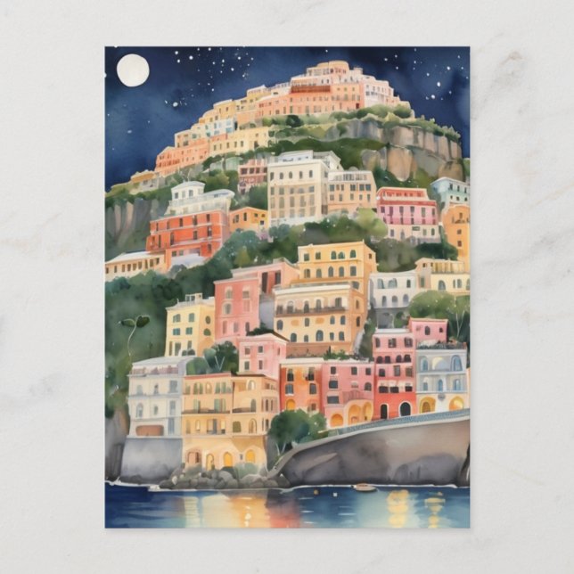 Postal Noche Positano, Italia, acuarela de la costa itali (Anverso)