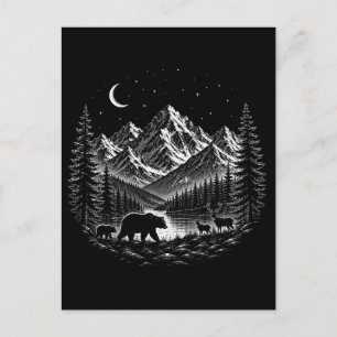 Postal Noche Salvaje en la Montaña Mística Estilo Linocut