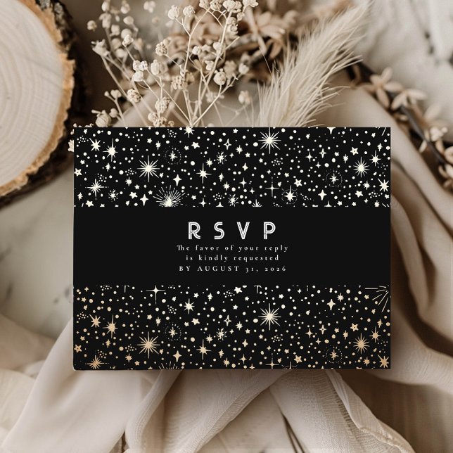 Postal Noche Starry Black and Gold Wedding RSVP (RSVP celestial night sky black postcard)