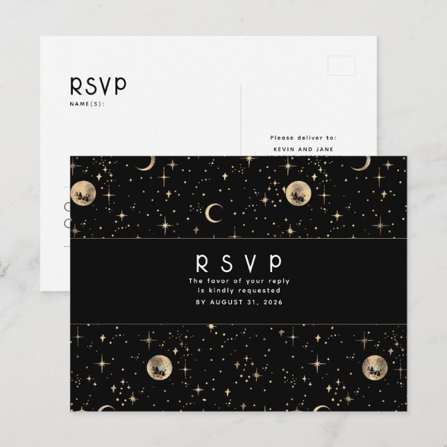 Postal Noche Starry Black and Gold Wedding RSVP (Anverso / Reverso)