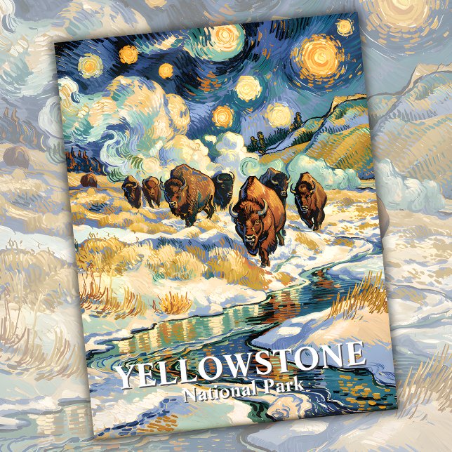 Postal Noche Winter Yellowstone Bison Van Gogh Starry (Winter Yellowstone Bison Van Gogh Starry Night Postcard)