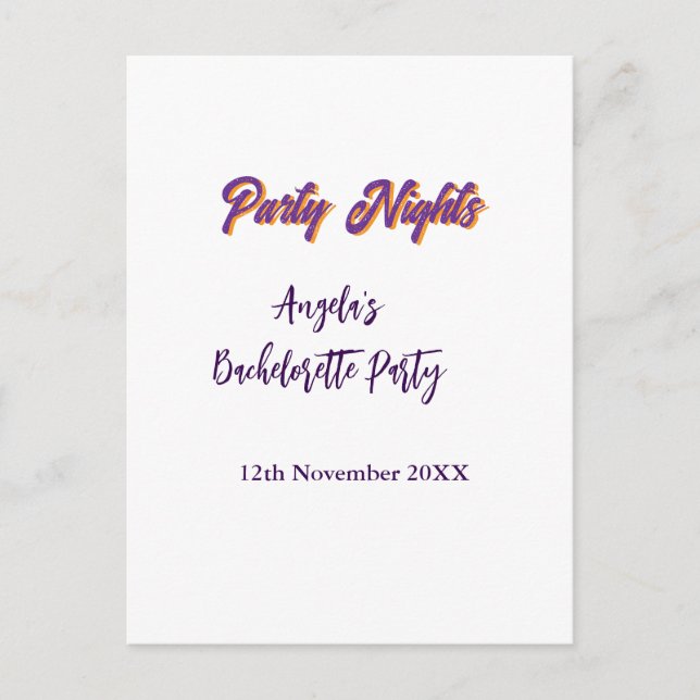 Postal Noches de fiesta nombre de la despedida de soltera (Anverso)