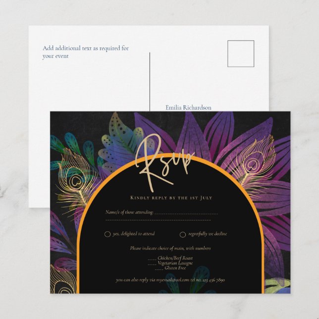 Postal Noir Peacock Jewel Tones Boda Floral (Anverso / Reverso)