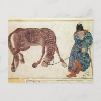 Nómada mongol llevando su caballo al agua