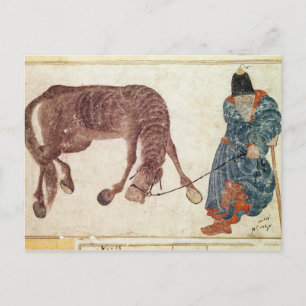 Postal Nómada mongol llevando su caballo al agua