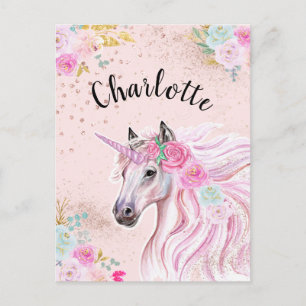 Postal Nombre de brillo dorado floral rosa turquesa glamo