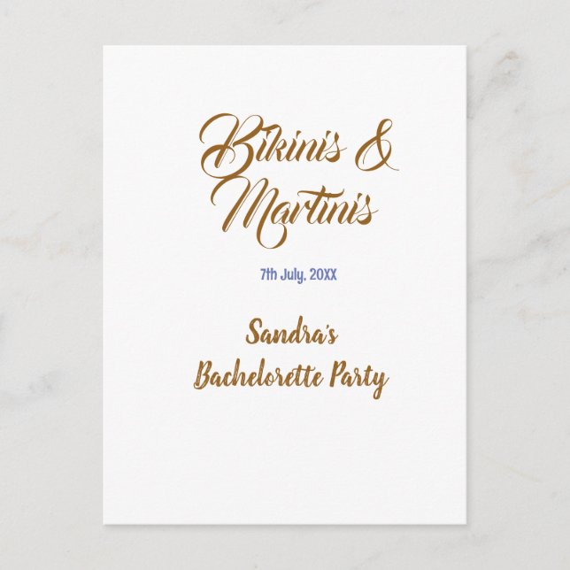 Postal nombre de despedida de soltera bikinis y martinis  (Anverso)