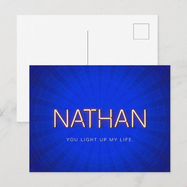 Postal Nombre de Nathan en luces de neón brillantes (Anverso / Reverso)