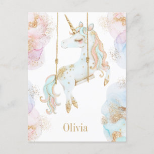 Postal Nombre de Niña Unicornio Mágico Rosa y Dorado