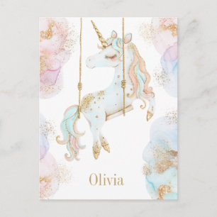 Postal Nombre de Niña Unicornio Mágico Rosa y Dorado