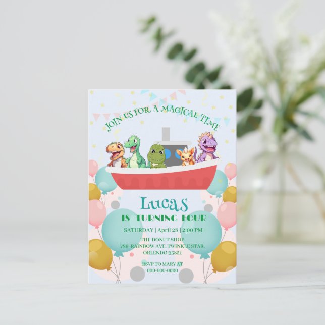 Postal Nombre divertido fiesta de cumpleaños yate dinosau (Anverso de pie)