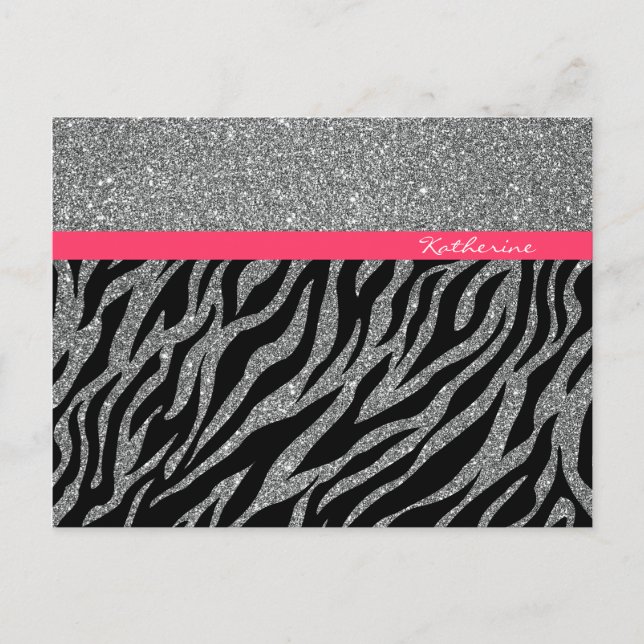 Postal Nombre Glam Zebra Rosa Plateado Brillo Personaliza (Anverso)