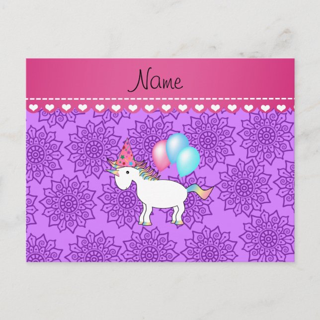 Postal Nombre personalizado cumpleaños unicornio flores p (Anverso)