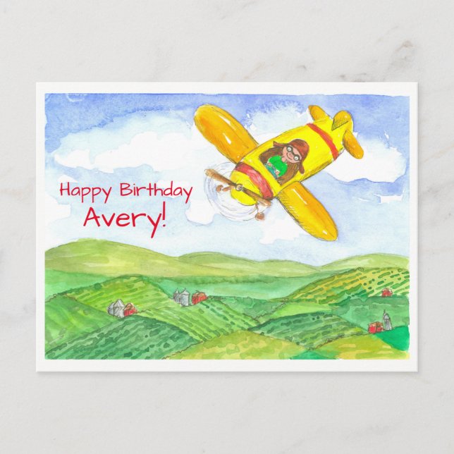 Postal Nombre personalizado de cumpleaños feliz de avión  (Anverso)