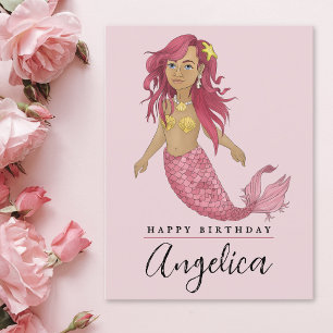 Postal Nombre personalizado de cumpleaños feliz de sirena
