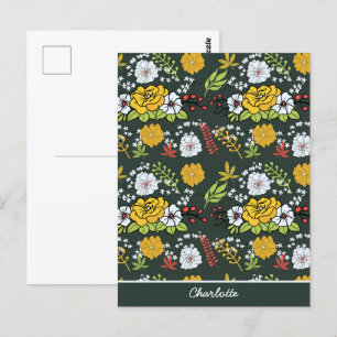Postal Nombre personalizado de patrón sin costura y flora