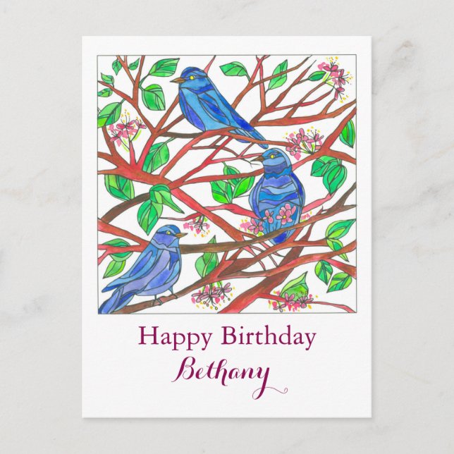 Postal Nombre personalizado del dibujo de Bluebird Cumple (Anverso)