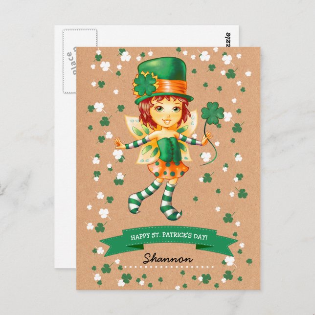 Postal Nombre personalizado Fairy Chica St. Patrick's Day (Anverso / Reverso)