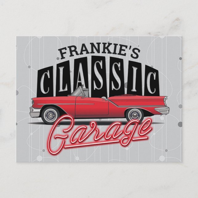 Postal NOMBRE personalizado Faux Neon 1950's Classic Car  (Anverso)