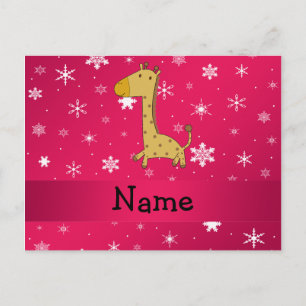 Postal Nombre personalizado giraffe copos de nieve rosa