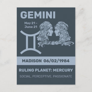 Postal Nombre personalizado / Texto Rótulo zodiaco Gemini