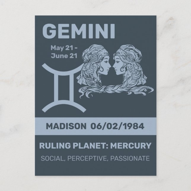Postal Nombre personalizado / Texto Rótulo zodiaco Gemini (Anverso)