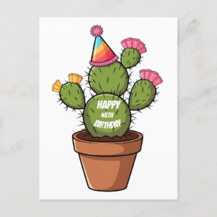 Postal nopal en maceta con sombrero de cumpleaños
