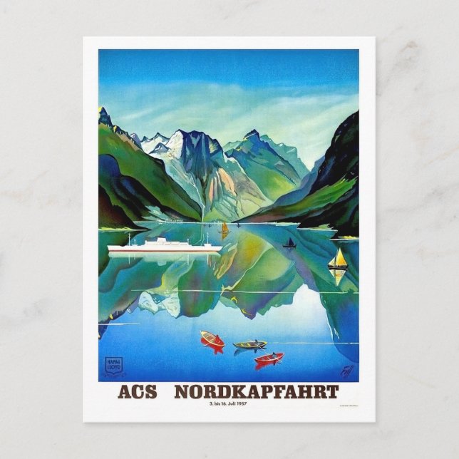 Postal Nordkapp, Noruega, velero, paisaje montañoso (Anverso)