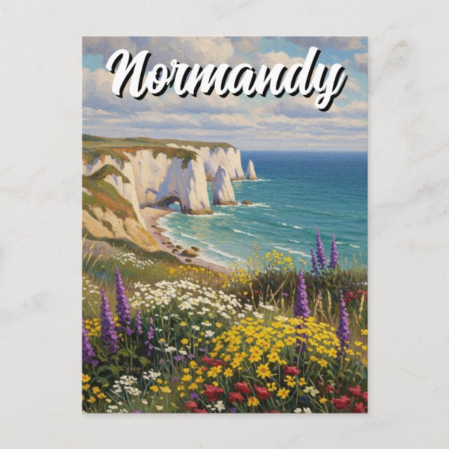 Postal Normandy France Étretat Cliffs Wildflowers (Anverso)