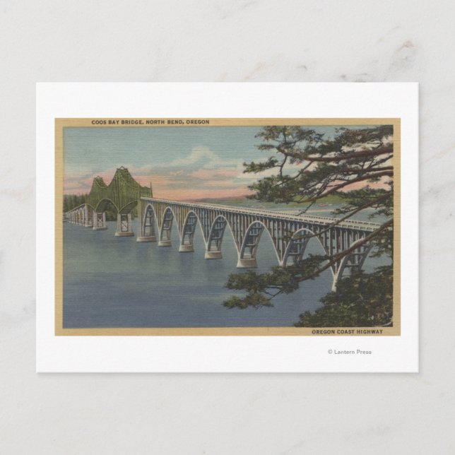 Postal North Bend, Oregon - Vista del puente de la bahía  (Anverso)