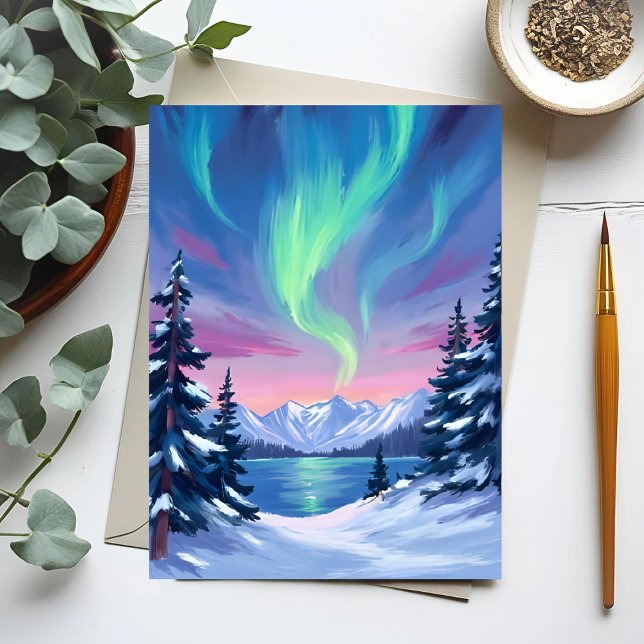Postal Northern Lights | Mountains Winter Watercolor (Subido por el creador)
